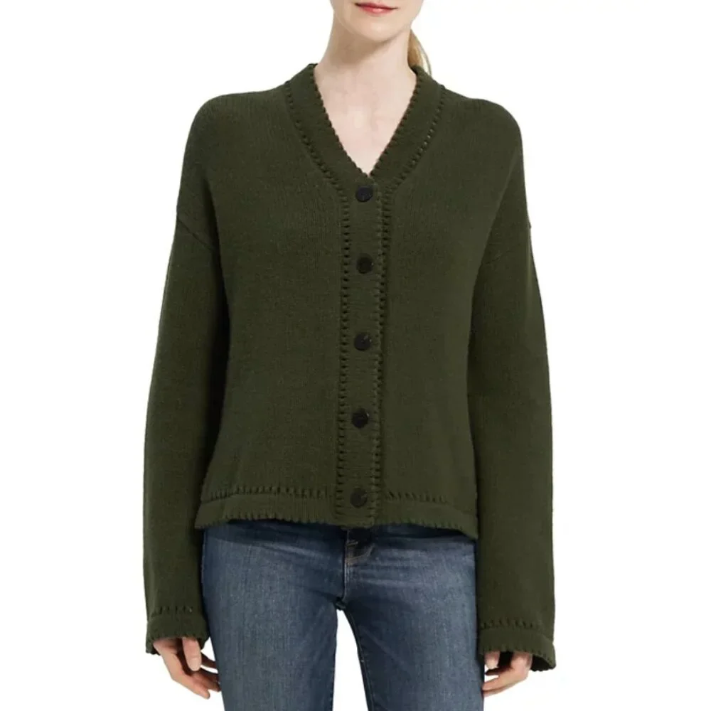 Theory Karenia Felted Wool And Cashmere Cardigan in Olive Green Size Small